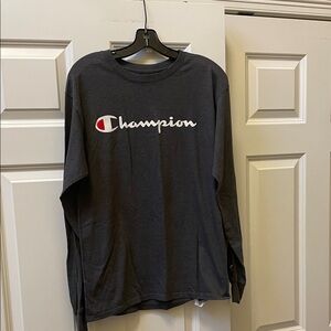 Champion Charcoal Long Sleeve Tee with White Script and Red Emblem
